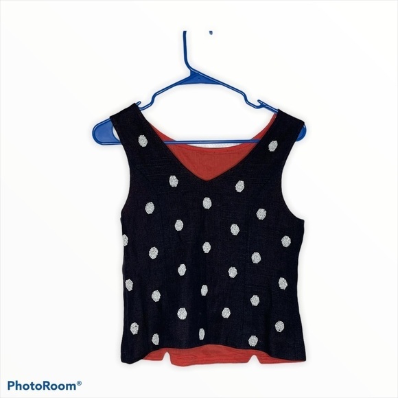 ANTHRO ODILLE Linen Navy Beaded Polka Dot Top, 0 - Picture 3 of 10